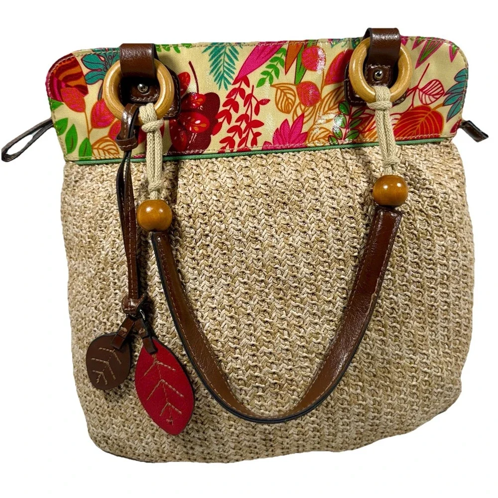 Merona Tropical Floral Straw Shoulder‎ Bag Brown Handles Leaf Charms 13x16 EUC